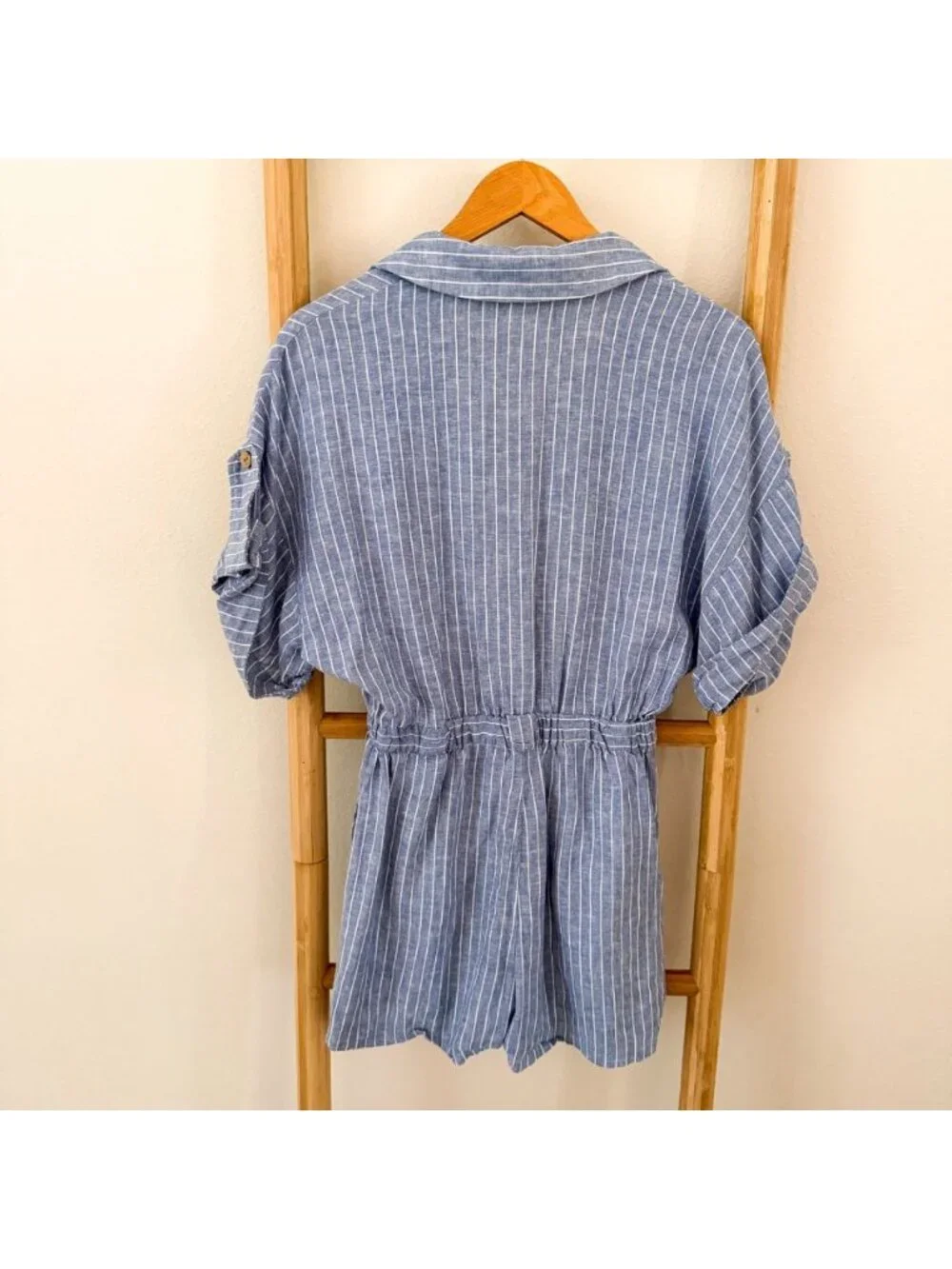 Zara Striped Linen Blend Short Romper Blue White Roll Tab Size Medium